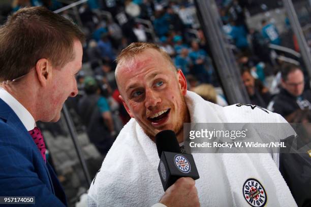 Nate Schmidt of the Vegas Golden Knights speaks with media after defeating the San Jose Sharks in Game Six of the Western Conference Second Round...