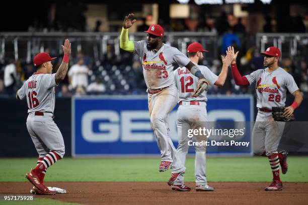 St. Louis Cardinals players celebrate after beating the San Diego Padres 2-1 in a baseball game at PETCO Park on May 10, 2018 in San Diego,...