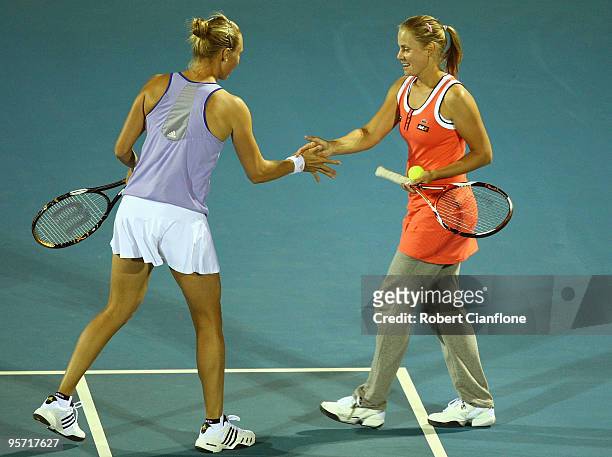 Alicia Molik and Jelena Dokic of Australia celebrate a point in their second round doubles match against Yung-Jan of Taipei and Monica Niculescu of...