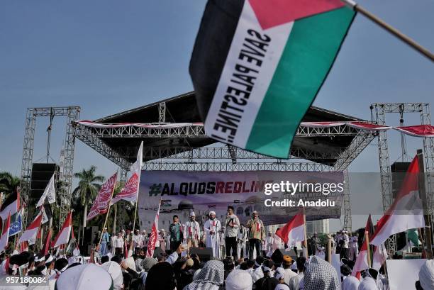 Protesters show a support for Palestine at National Monument in Jakarta, Indonesia on May 11, 2018. The protest called Indonesian Moslems: Freedom of...