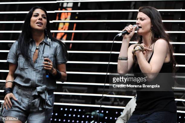 Mietta and Irene Fornaciari perform at the charity concert "Amiche Per L'Abruzzo" on June 21, 2009 in Milan, Italy.
