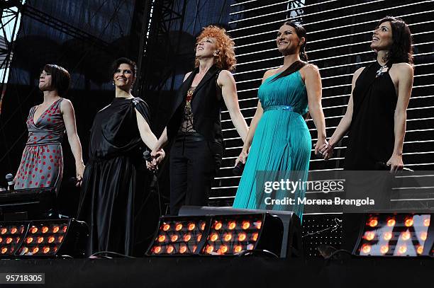 Carmen Consoli, Elisa, Fiorella Mannoia, Giorgia and Laura Pausini perform at the charity concert "Amiche Per L'Abruzzo" on June 21, 2009 in Milan,...