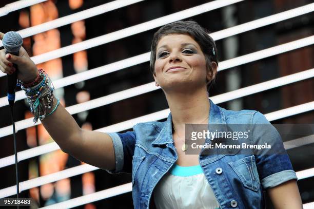 Singer Alessandra Amoroso performs at the charity concert "Amiche Per L'Abruzzo" on June 21, 2009 in Milan, Italy.