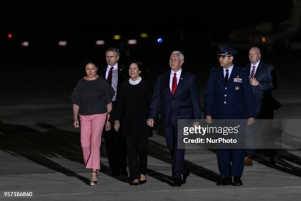 Mike Pence , and his wife Karen Pence , arrive at Joint Base Andrews, for the arrival of American citizens, released from detention in North Korea,...