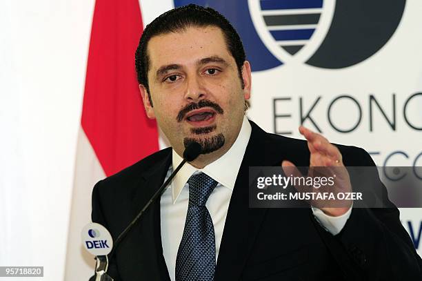 Lebanon's Prime Minister Saad al-Hariri speaks to guests during a Foreign Economic Relations Board meeting in Istanbul, on January 12, 2010. Saad...