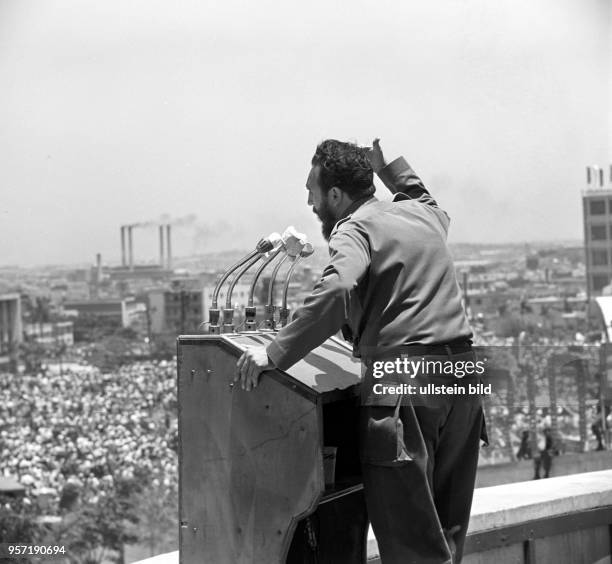 Cuban leader Fidel Castro speaking to a crowd of people on the Revolution Square in Havana - 1962