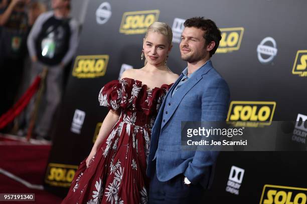Emilia Clarke and Alden Ehrenreich attend the Premiere of Disney Pictures and Lucasfilm's "Solo: A Star Wars Story" on May 10, 2018 in Los Angeles,...