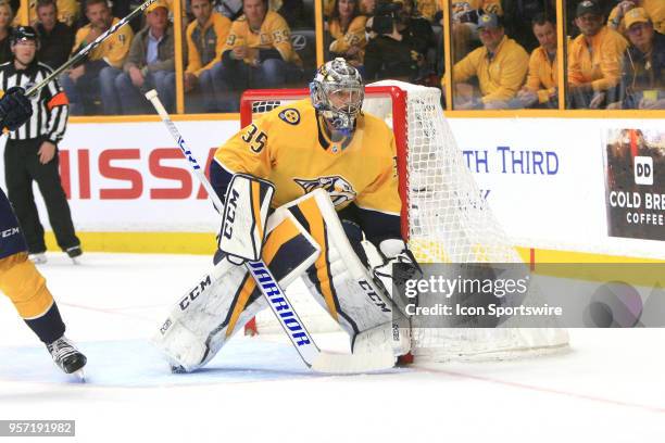 Nashville Predators goalie Pekka Rinne is shown during Game Seven of Round Two of the Stanley Cup Playoffs between the Nashville Predators and...