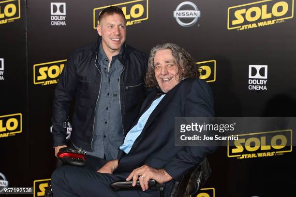 Ray Park and Peter Mayhew attend the Premiere of Disney Pictures and Lucasfilm's "Solo: A Star Wars Story" on May 10, 2018 in Los Angeles, California.