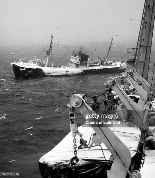 Rostock / Fischfang / Hochseefischerei / Dezember 1968 / Ein vereister Seitentrawler bei der Steertuebergabe am Transport-und Verarbeitungsschiffes...