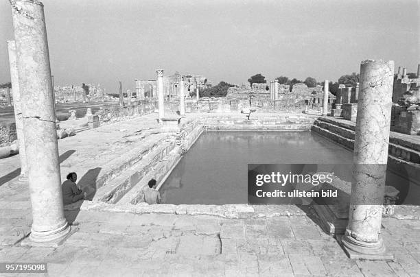 Säulen und Reste antiker Bauten in der Stadt Leptis Magna in der Nähe der Stadt Al Khums am Mittelmeer rund 100 Kilometer östlich von Tripolis,...