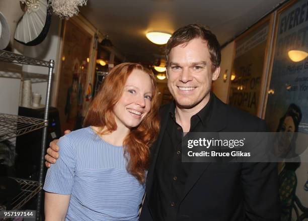 Former "Six Feet Under" co-stars Lauren Ambrose and Michael C Hall pose backstage at the hit revival of Lincoln Center Theater's "My Fair Lady" on...