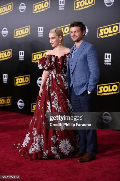 Emilia Clarke and Alden Ehrenreich attend the premiere of Disney Pictures and Lucasfilm's "Solo: A Star Wars Story" on May 10, 2018 in Hollywood,...