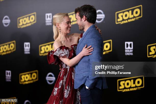 Emilia Clarke and Alden Ehrenreich attend the premiere of Disney Pictures and Lucasfilm's "Solo: A Star Wars Story" on May 10, 2018 in Hollywood,...