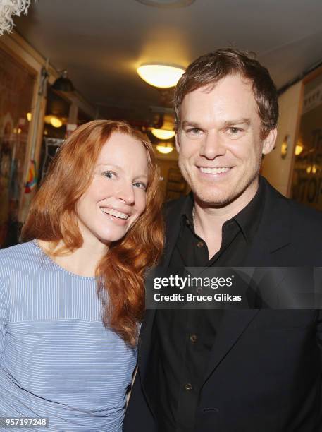 Former "Six Feet Under" co-stars Lauren Ambrose and Michael C Hall pose backstage at the hit revival of Lincoln Center Theater's "My Fair Lady" on...