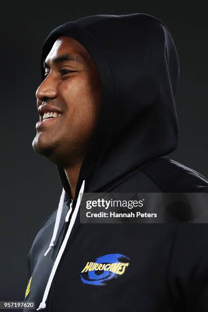 Julian Savea of the Hurricanes warms up ahead of the round 12 Super Rugby match between the Blues and the Hurricanes at Eden Park on May 11, 2018 in...