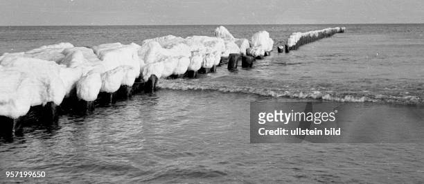 Eisbedeckte Buhne am Strand vom Ostseebad Koserow auf der Insel Usedom im Winter 1957. Foto : Reinhard Kaufhold - Mindere technische Qualität bedingt...