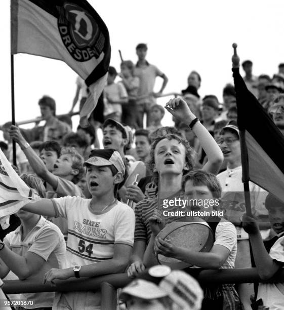 Junge Dresdner Dynamo-Fans auf den Rängen des heimischen Dynamo-Stadions, zwei Anhänger schwenken Klubfahnen. Sie geben ihrem Team moralischen...