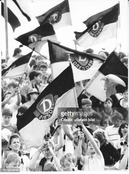 Jugendliche Dresdner Dynamo-Fußballfans feiern ihr Team am auf den Rängen des heimischen Stadions mit dem Schwenken großer Klubfahnen. Dynamo Dresden...