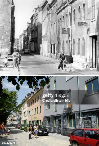 Die zweiteilige Kombo zeigt verfallene Häuser in der Böhmischen Straße in der Dresdner Neustadt Ende der 1980er Jahre, der Handwerksbetrieb Mende hat...