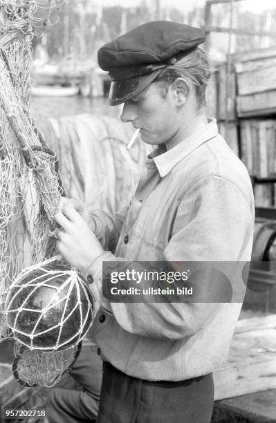 Ein Fischer mit Zigarette im Mund in Sassnitz auf der Insel Rügen an der Ostsee beim Ausbreiten und Sortieren der Netze, aufgenommen 1961.