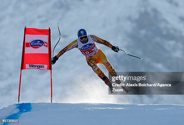 Manuel Osborne-Paradis of Canada competes during the Audi FIS Alpine Ski World Cup Men's first Downhill training on January 12, 2010 in Wengen,...