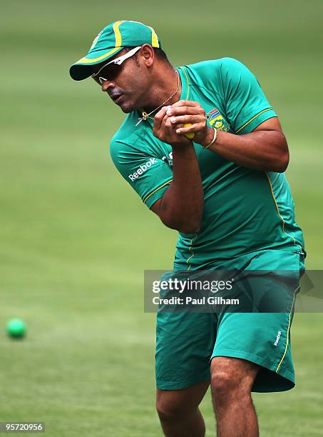 Ashwell Prince of South Africa practices fielding during a South Africa nets session at The Wanderers Cricket Ground on January 12, 2010 in...