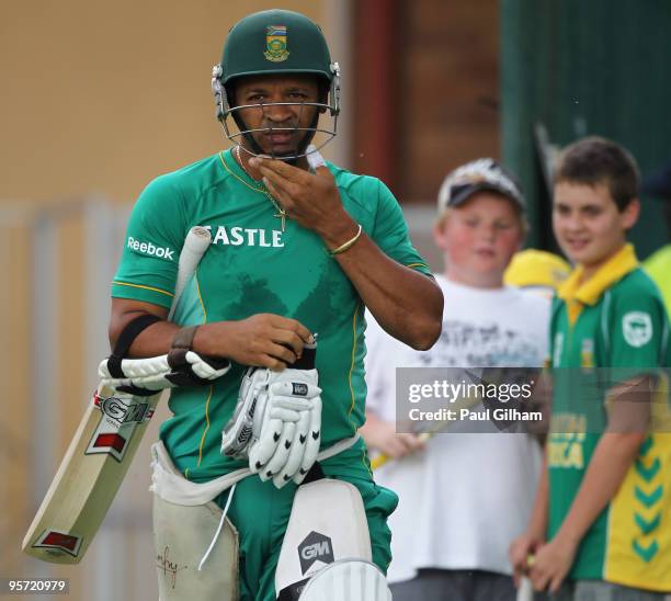 Ashwell Prince of South Africa prepares to bat during a South Africa nets session at The Wanderers Cricket Ground on January 12, 2010 in...