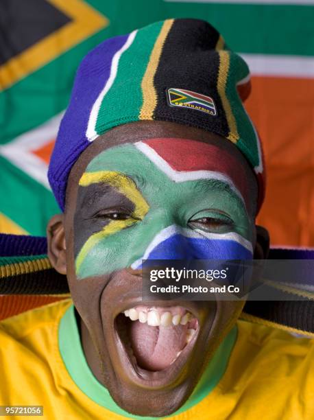 south african football fan - traditionelle südafrikanische kultur stock-fotos und bilder