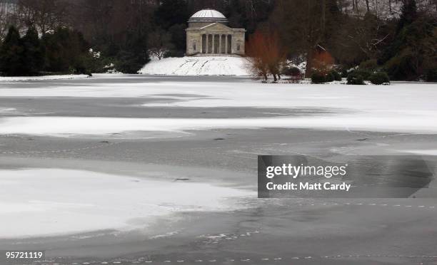 Ice covers the lake at the National Trust's Stourhead near Warminster on January 12, 2010 in Wiltshire, England. Much of UK is still experiencing...