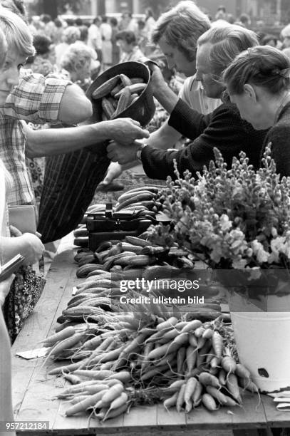 Großer Andrang herrscht an den Ständen für Gemüse und Blumen auf einem Bauernmarkt in Cottbus, aufgenommen im August 1978. An einem Verkaufsstand...