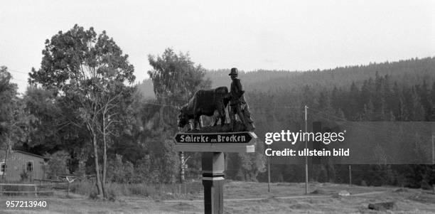 Auf einer Wiese im Harz steht ein figürlicher Wegweiser mit dem Schriftzug "Schierke am Brocken", aufgenommen 1960.