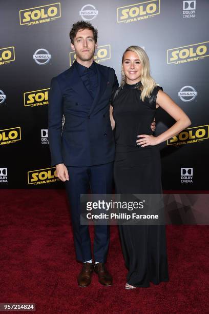 Thomas Middleditch and Mollie Gates attend the premiere of Disney Pictures and Lucasfilm's "Solo: A Star Wars Story" on May 10, 2018 in Hollywood,...