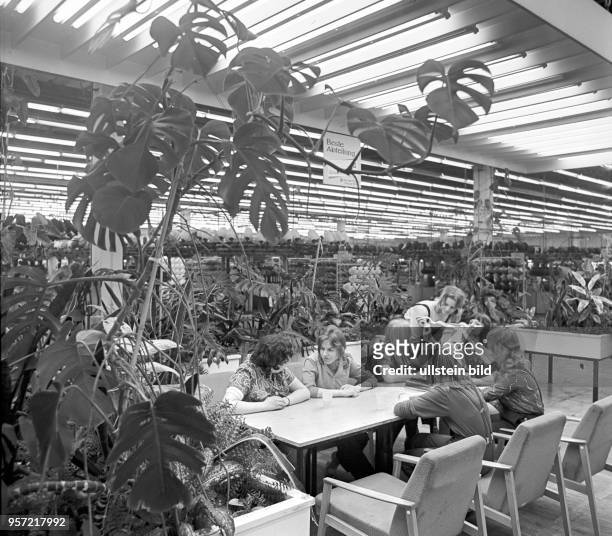 Arbeiterinnen sitzen in einer mit Grünpflanzen dekorierten Pausenecke in einem Produktionsraum im Textilkombinat Cottbus, undatiertes Foto vom März...