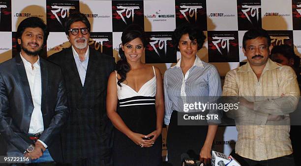 Indian Bollywood cast Ritesh Deshmukh, Amitabh Bachchan, Neetu Chandra, Gul Panag and Ram Gopal Verma attend the Hindi movie �Rann� press conference...