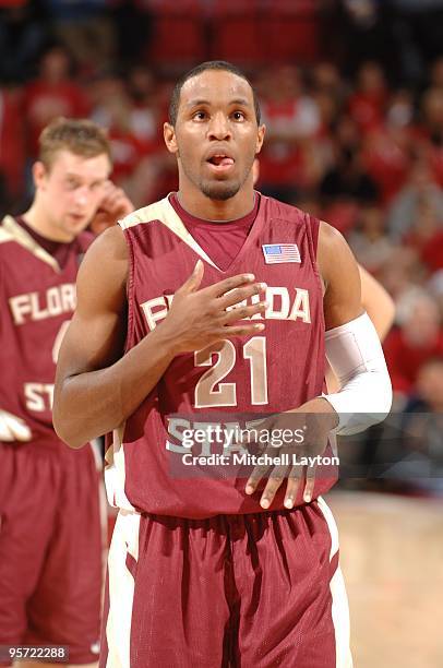 Michael Snaer of the Florida State Seminoles looks on during a college basketball game against the Maryland Terrapins on January 10, 2010 at the...