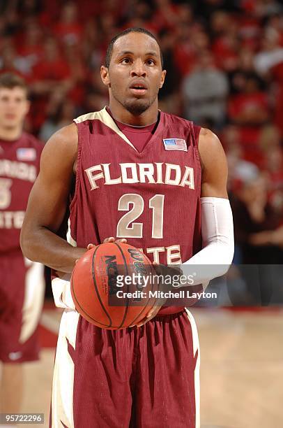 Michael Snaer of the Florida State Seminoles takes a foul shot during a college basketball game against the Maryland Terrapins on January 10, 2010 at...