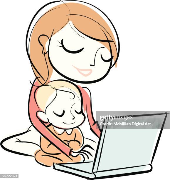 woman holding baby, using laptop - mother and baby and laptop stock illustrations