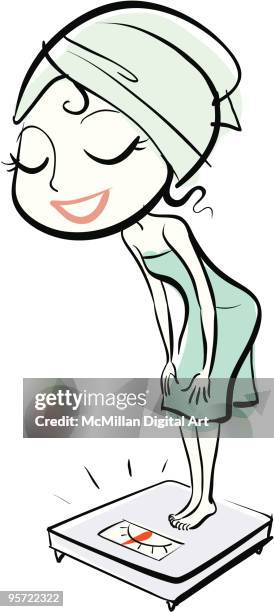 woman standing on scale, smiling - portrait looking down stock illustrations
