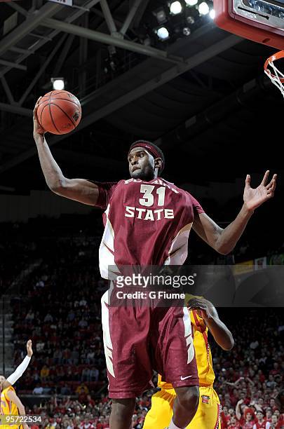 Chris Singleton of the Florida State Seminoles grabs a rebound against the Maryland Terrapins at the Comcast Center on January 10, 2010 in College...