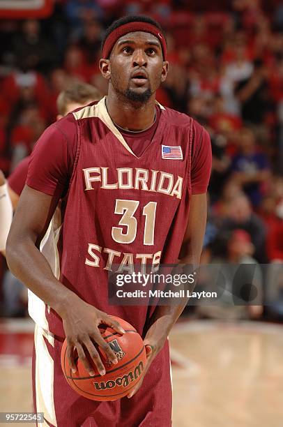 Chris Singleton of the Florida State Seminoles takes a foul shot during a college basketball game against the Maryland Terrapins on January 10, 2010...