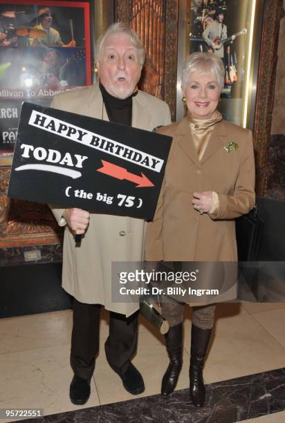 Actor Marty Ingels and actress Shirley Jones, who is celebrating her 75th birthday today, arrive to the opening night of "Rain: A Tribute To The...