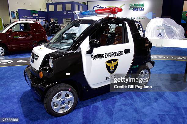 The Police EV electric vehicle from CT&T is shown along "Electric Avenue" at the North American International Auto Show January 12, 2010 in Detroit,...