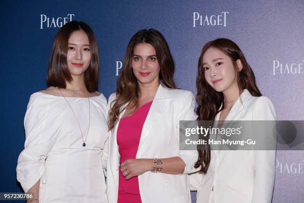 Krystal of girl group f, Piaget CEO Chabi Nouri and Former member of Girl's Generation Jessica Jung arrive at the photocall for PIAGET on May 10,...