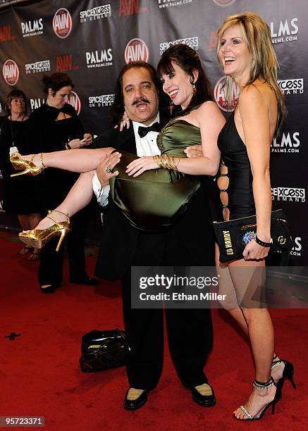 Adult film actors Ron Jeremy, RayVeness and Velvet Skye arrive at the 27th annual Adult Video News Awards Show at the Palms Casino Resort January 9,...