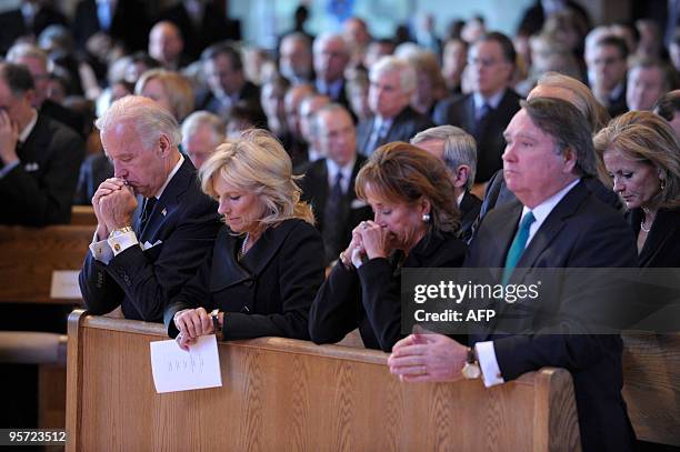 From L to R, US Vice President Joe Biden, his wife Jill Biden, his sister Valerie Biden Owens and her husband Jack Owens attend the funeral of the...
