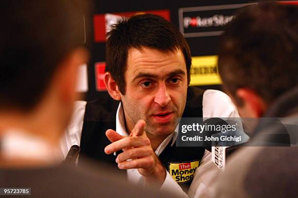 Ronnie O'Sullivan of England faces the media after winning his second round match against Neil Robertson of Australia during the PokerStars.com...