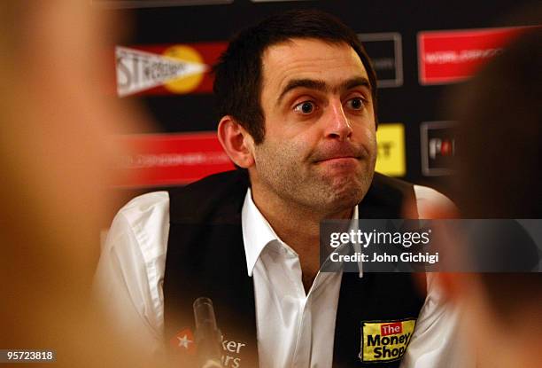 Ronnie O'Sullivan of England faces the media after winning his second round match against Neil Robertson of Australia during the PokerStars.com...