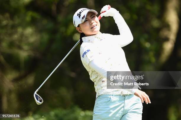 Sakura Yokomine of Japan plays her tee shot on the 12th hole during the first round of the Hoken No Madoguchi Ladies at the Fukuoka Country Club on...
