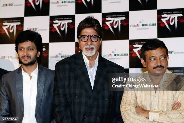 Indian actors Ritesh Deshmukh & Amitabh Bachchan with filmmaker Ramgopal Varma at the press conference for new movie - 'Rann' held at Hotel Taj...